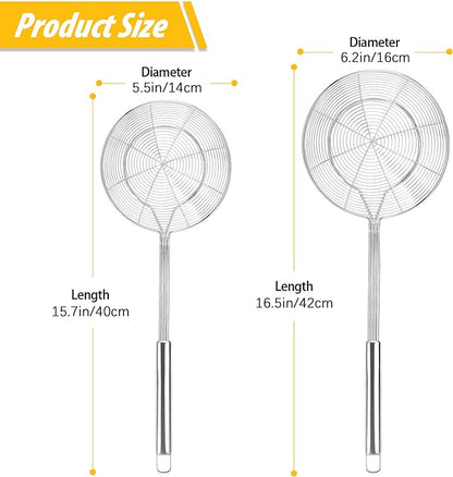 Pack of 2 Large Spider Strainer, Stainless Steel Skimmer Basket,Kitchen Ladle Strainers,Mesh Spoons with Long Handle, Cooking Tools for Frying, Boiling Noodles, Dumplings, Pasta