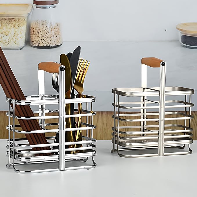 Caliamary Utensil Holder, Stainless Small Stainless Steel Cutlery Drainer Caddy for Kitchen Counter, Silverware Cutlery Flatware Holder Forks, Knives, Spoons, Chopsticks Organizer (Silver)