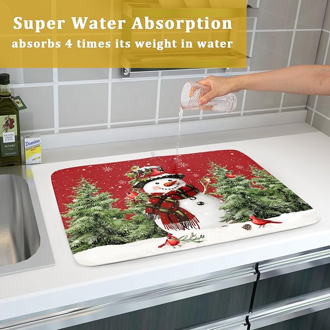 Christmas Dish Drying Mat for Kitchen Counter Snowman Green Christmas Tree Microfiber Absorbent Dish Draining Reusable Washable Foldable Extra Large 18"x24" - Image 7