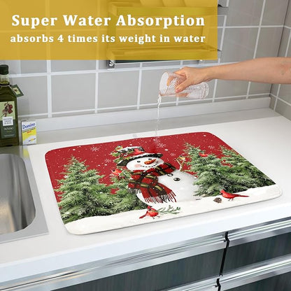 Christmas Dish Drying Mat for Kitchen Counter Snowman Green Christmas Tree Microfiber Absorbent Dish Draining Reusable Washable Foldable Extra Large 18"x24" - Image 7