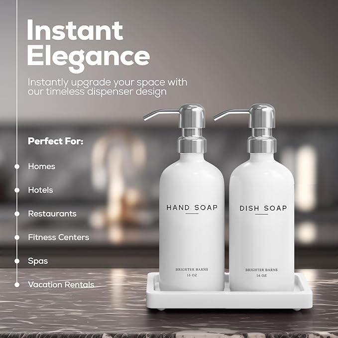 White Glass Hand and Dish Soap Dispenser Set by Brighter Barns - Kitchen Soap Dispenser Set with Tray & Pump for Office, Hotel, Vacation Rental, Airbnb - Modern Kitchen Decor & Accessories (White) - Image 2