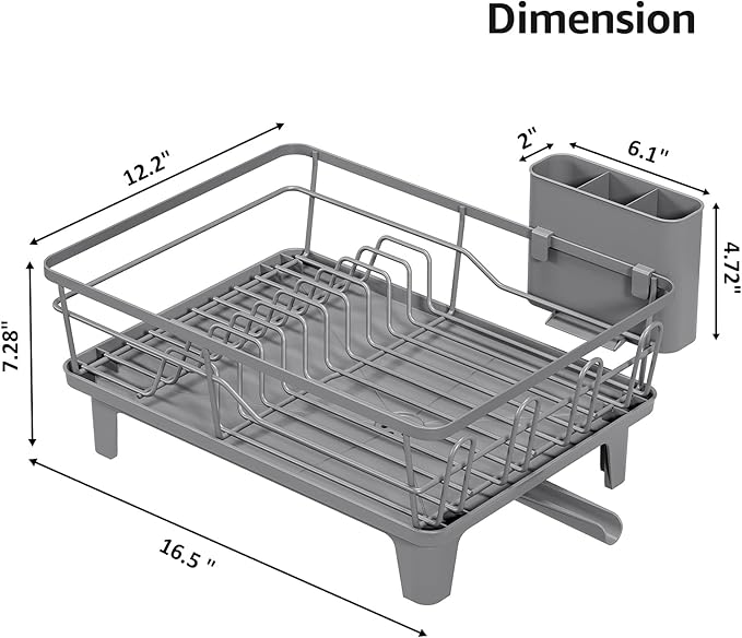 Urackify Dish Drying Rack for Kitchen Counter, Sink Dish Rack with Drainboard 12.2" W x 16.5" L, Large Dish Drainer with Cutlery Holder, Home Countertop Plate Dryer Storage Rack, Gray - Image 2