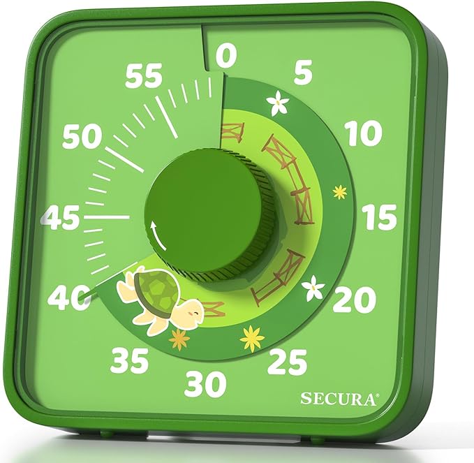 Secura 7.5-Inch Animal Pattern Visual Timer for Kids, 60-Minute Countdown Timer for Classroom or Kitchen, Durable Mechanical Timer Clock with Magnetic Backing (Green) by Secura