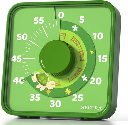 Secura 7.5-Inch Animal Pattern Visual Timer for Kids, 60-Minute Countdown Timer for Classroom or Kitchen, Durable Mechanical Timer Clock with Magnetic Backing (Green) by Secura