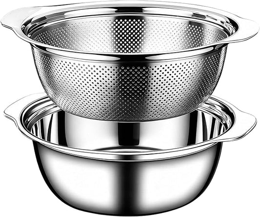 Colander for Kitchen, 1.5 QT 18/8 Stainless Steel Colander, Stainless Steel Strainer with Mixing Bowl, Rice Strainer with Handle for Washing Vegetables, Fruit, Rice, and Pasta (2 PC)
