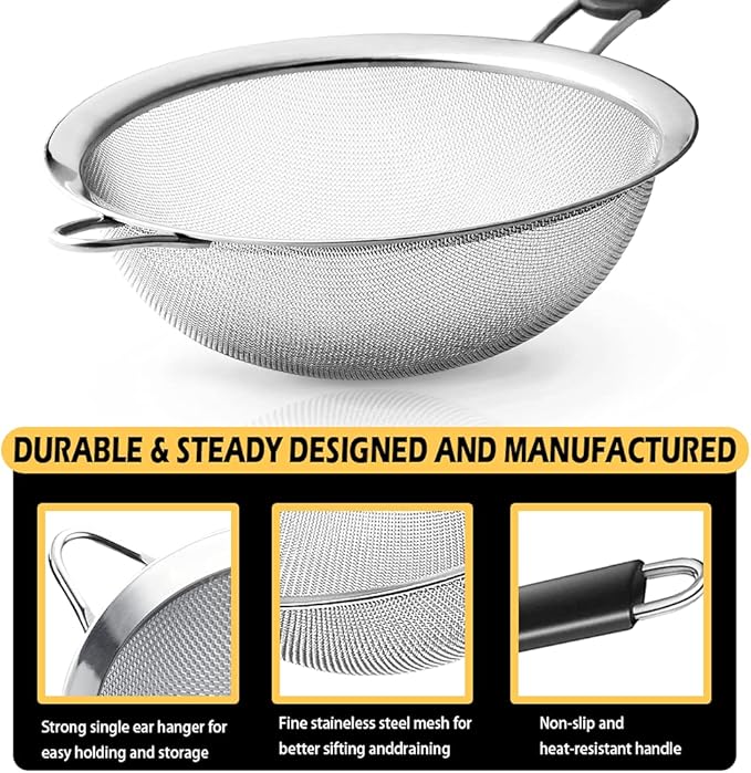 Stainless Steel Fine Mesh Strainers, Set of 3 Sizes Strainer for Kitchen, Wire Sieve with Insulated Handle Kitchen Strainer, Baking Tools Colander, Food Preparation, Flour Sifter, Rice, Pasta Strainer - Image 3