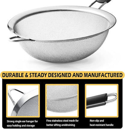 Stainless Steel Fine Mesh Strainers, Set of 3 Sizes Strainer for Kitchen, Wire Sieve with Insulated Handle Kitchen Strainer, Baking Tools Colander, Food Preparation, Flour Sifter, Rice, Pasta Strainer - Image 3
