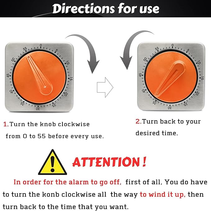 Orange Kitchen Timers for Cooking, Chef Cooking Timer Clock with Loud Alarm,100% Mechanical Desk Timer - No Batteries Required - Magnetic Backing, Exquisite Stainless Steel Body - Countdown Reminder - Image 7