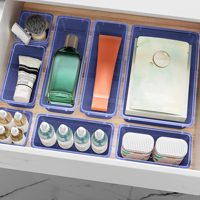 ElegantArray 12 PCS Drawer Organizer Set, 4 Sizes Tool Storage Trays, Clear Plastic Makeup Vanity Organizer and Storage Bins for Stationeries, Multiple Gadgets for Office, Bedroom, Navy Blue - Image 8