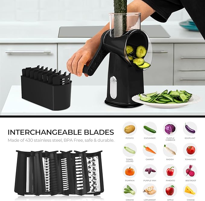 SUSTEAS Rotary Cheese Grater with Handle - Vegetable Shredder with 5 Well-designed Blades & Strong Suction Base,Round Mandoline Slicer & Food Chopper for Kitchen,with Blade Storage Box(Black) - Image 3