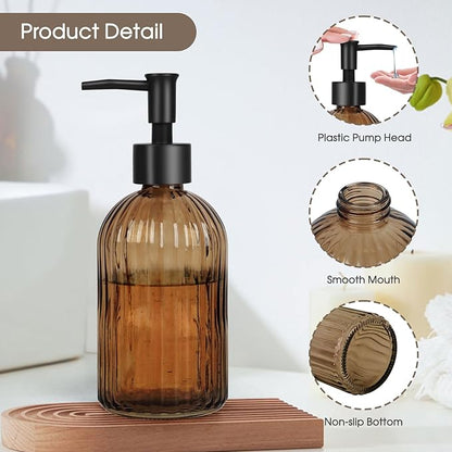 13.5oz Stripe Glass Soap Dispenser with Black Plastic Pump, 400ml Liquid Hand Soap Dispenser, Rustproof Pump for Kitchen & Bathroom, Great for Lotions, Essential Oil, Liquid Soaps-Amber - Image 3