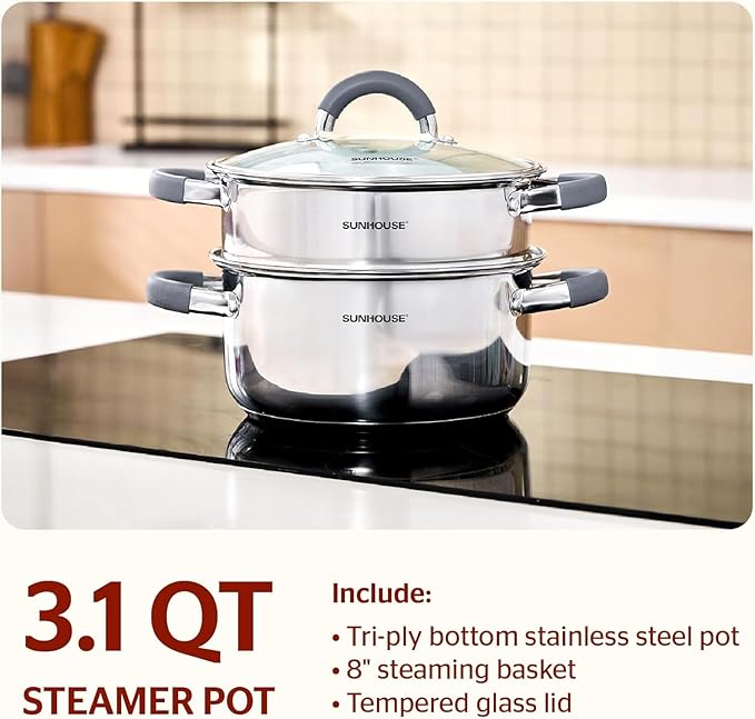 SUNHOUSE 3 Quarts Steamer Pots With Lid, 2-Tier Multipurpose Stainless Steel Steaming Pot Cookware With Stay-Cool Handles, Tri-ply Bottom, Compatible with All Cooktops - Image 2