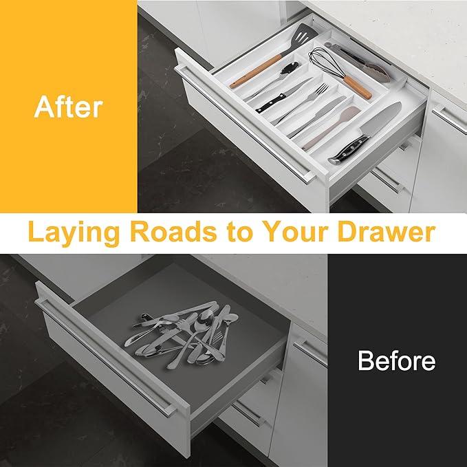 Large Premium Bamboo Silverware Organizer - Expandable Drawer Organizer & Utensil Organizer - 17"x19.7" Cutlery Tray with Dividers for Kitchen Utensils and Flatware (7-9 Slots) (White) - Image 3