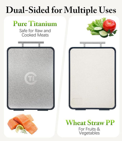 Titanium Cutting Board for Kitchen- Double Sided Chopping Board with Rotatable Feet, Textured Food-Grade Titanium Surface for Raw Meats & PP Surface for Produce – Easy to Clean (14.5" × 11", 1 Pack)