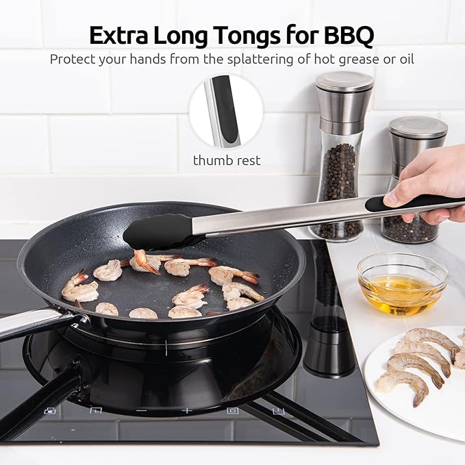 600ºF Heat Resistant Kitchen Tongs: U-Taste 16 inch Extra Long Large Silicone Cooking Tong with Sturdy Non Stick Rubber Tips & Non Slip Silicon Coated 18/8 Stainless Steel Handle for Grill BBQ (Black) - Image 9
