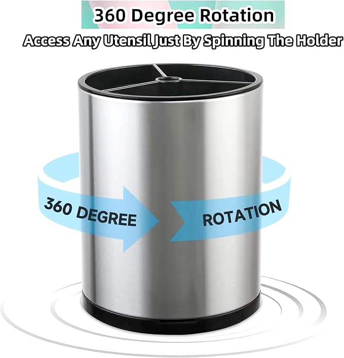 LIBODOUR Kitchen Utensil Holder Extra Large 360°Rotating For Counter Organizer Stainless Steel Storage Cooking Silverware Caddy 3 Compartment Flatware Spoon Spatula Tool Cutlery Container（Silvery） - Image 5