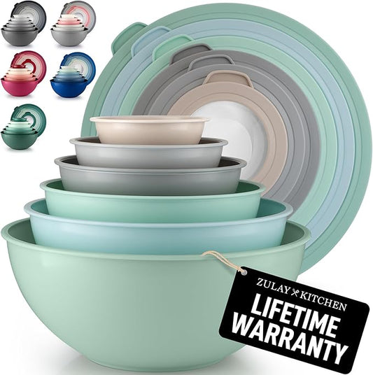 Zulay Kitchen 12 Piece Plastic Nesting Mixing Bowl Set - Colorful Bowls with Lids - Microwave and Freezer Safe (Mint Ombre) by ZulayKitchen