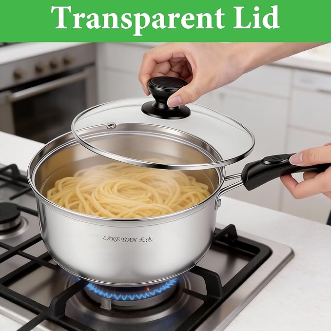 Stainless Steel Saucepan with Lid Set - 2.5QT & 3.5QT & 5.5QT, Triply Sauce Pan Induction Pot for Cooking, Boiling, Compatible with All Stoves, Transparent Lid, Oven & Dishwasher Safe - Image 5