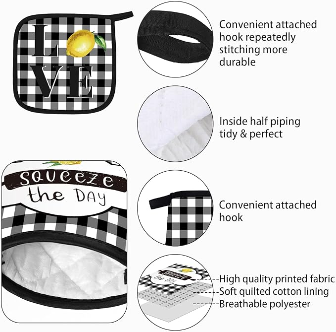 5 Pieces Buffalo Plaid Kitchen Towels Oven Mitts and Pot Holder Set Black and White Kitchen Towels Oven Gloves, Hot Pads Pot Holders for Farm House Accessories Decor(Lemon) - Image 3