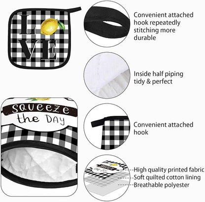 5 Pieces Buffalo Plaid Kitchen Towels Oven Mitts and Pot Holder Set Black and White Kitchen Towels Oven Gloves, Hot Pads Pot Holders for Farm House Accessories Decor(Lemon) - Image 3