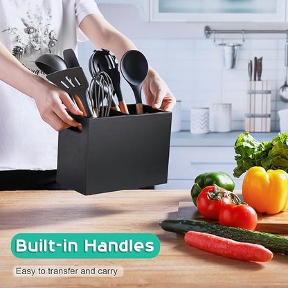 ALELION Black Utensil Holder for Kitchen Counter - 2 Compartment Large Utensil Caddy Organizer for Countertop - Kitchen Tool Holder for Spatula Ladles - Image 3