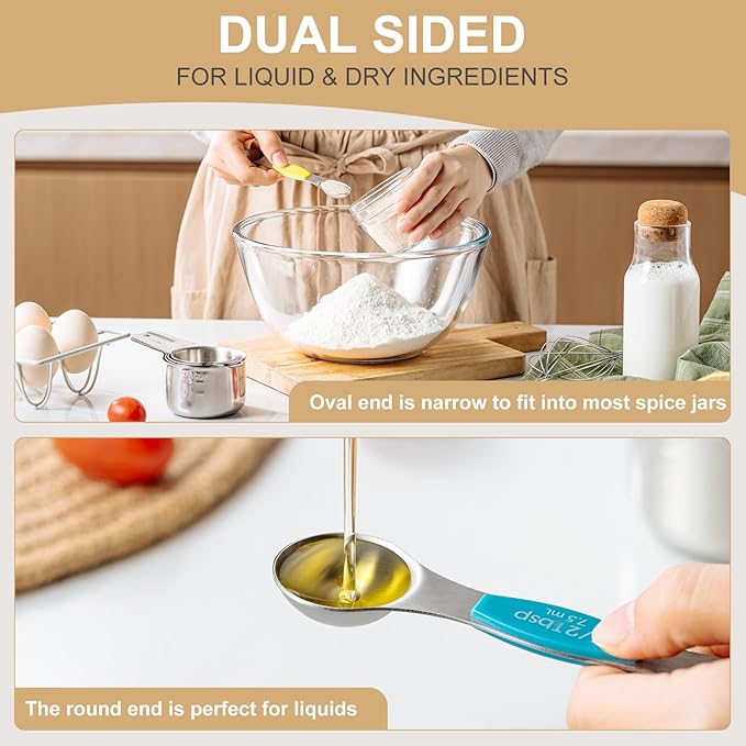 Stainless Steel Measuring Cups & Spoons Set, EWFEN Kitchen Tools Nesting Measuring Cups and Spoons, Fits in Spice Jars for Baking & Cooking, BPA Free, Set of 15 with Leveler, Multicolor - Image 7