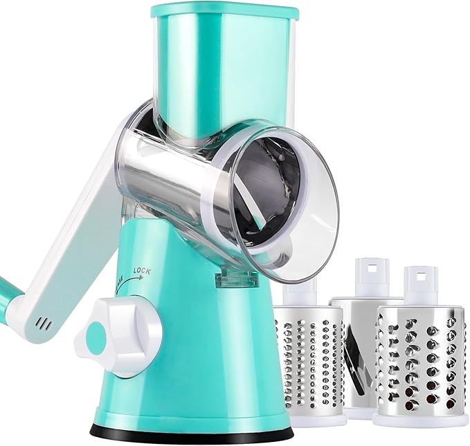 Cheese Grater Hand Crank, Rotary Vegetable Shredder with Handle and Strong Suction base, 3 in 1 Kitchen Speed Spin Veggie Slicer Nut Grinder for Pizza Top, Hash brown, Salad and More (Blue) by Ancevsk