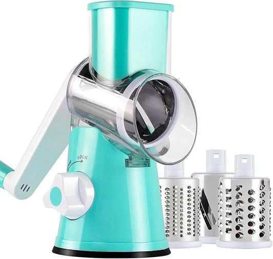 Cheese Grater Hand Crank, Rotary Vegetable Shredder with Handle and Strong Suction base, 3 in 1 Kitchen Speed Spin Veggie Slicer Nut Grinder for Pizza Top, Hash brown, Salad and More (Blue) by Ancevsk