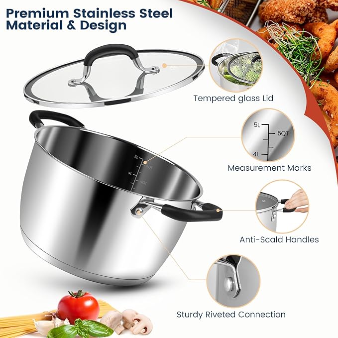AOSION 6 Quart Stainless Steel Stock Pot with Lid, Deep Fryer Basket for Kitchen Colander Frying Cooking Steaming, 6QT Large Stock Pot for Cooking, Induction Ready, Compatible with All Stoves - Image 6