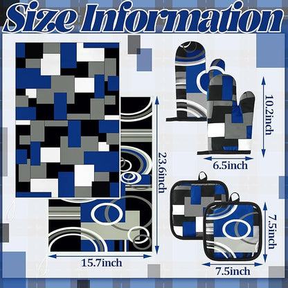 Jingmore 6 Pcs Kitchen Decor Set Accessorie Farmhouse Kitchen Towels Pot Holders Oven Mitts Set 2 Dish Towels 2 Pot Holders 2 Cooking Mittens Oven Glove for Cooking(Blue and Black,Geometric) - Image 3