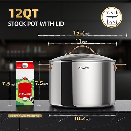 Ciwete 12 Quart Stock Pot with Lid, Upgraded Tri-Ply Stainless Steel Pot, Seamless Large Cooking Pot with Stay-Cool Brass Handle, Healthy Polished Stockpots, Induction Cookware, Oven & Dishwasher Safe - Image 2