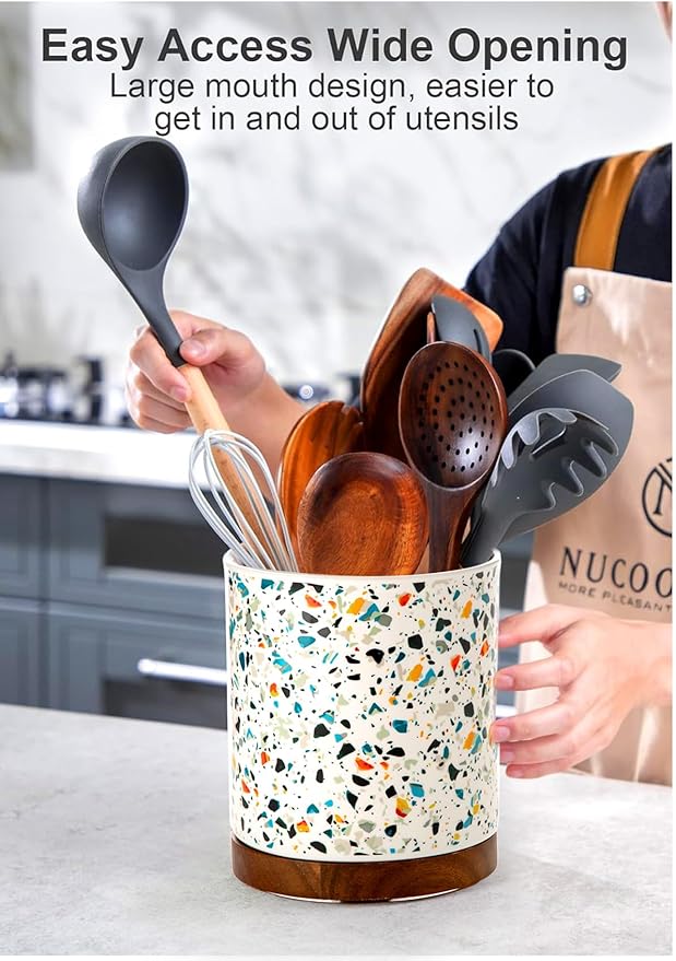 Nucookery 360°Rotating Utensil Holder, 7.2" Large Utensil Crock, White Ceramic Cooking Utensil Organizer,Farmhouse Kitchen Decor Christmas Thanksgiving Gift (Marble Pattern) - Image 4
