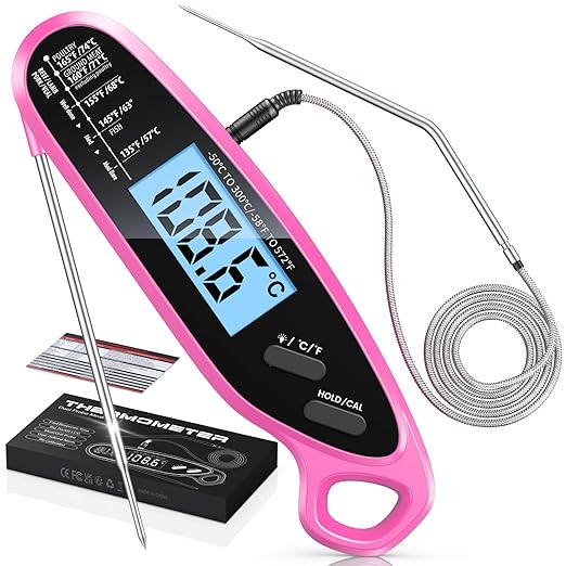 Instant Read Meat Thermometer Digital with Dual Probe & Large Backlit, Food Thermometer for Cooking & Grilling, for Candy/Baking/Oven/BBQ/Grill/Smoker, Pink Kitchen Accessories, Gifts for Mom by Vuwwey