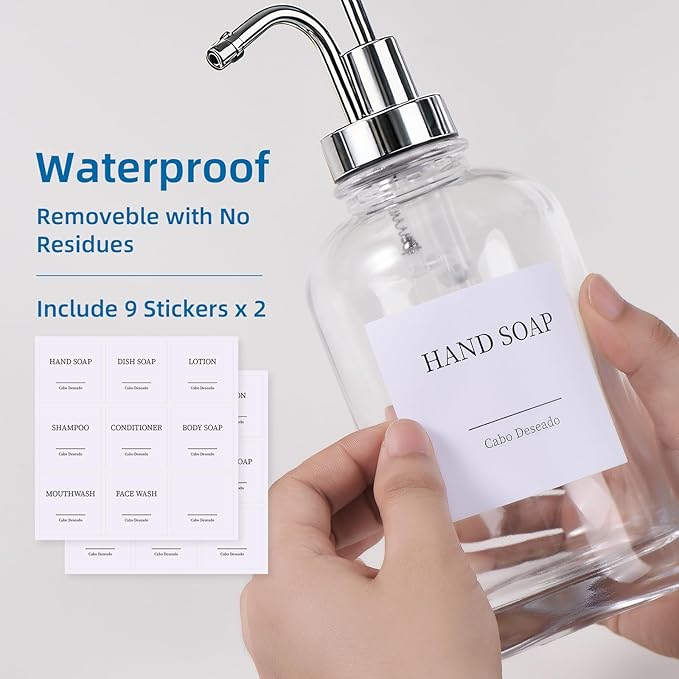 Glass Soap Dispenser with Pump, Dish and Hand Soap Dispenser for Kitchen Bathroom Set, Clear Glass Dispenser Set of 2 Pack with 18 Stickers Funnel Bamboo Tray 500ml 18oz / Each Bottle Sliver Pump - Image 7