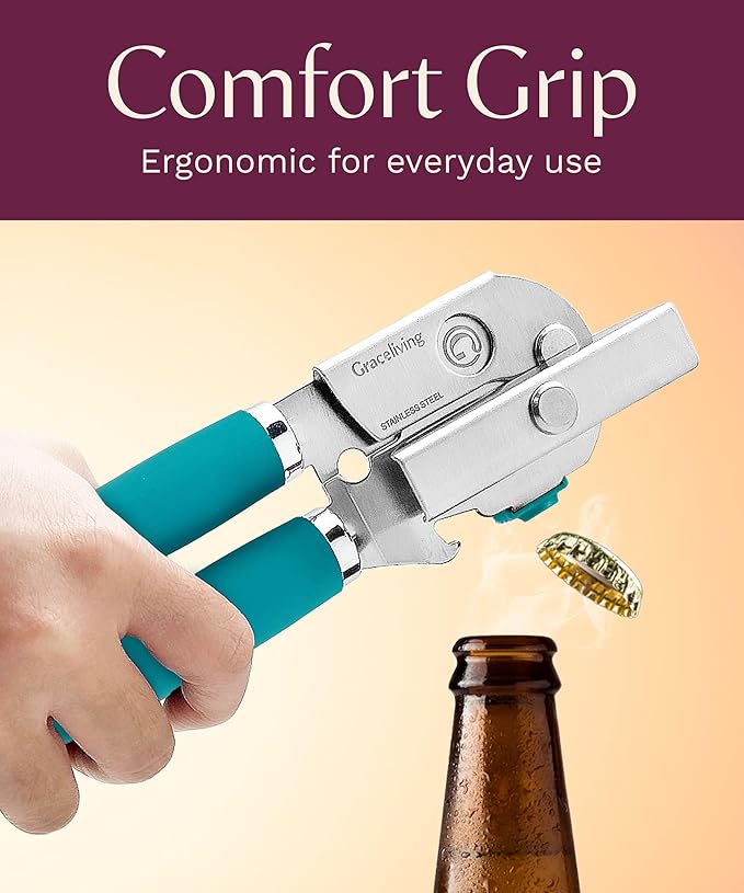 Premium Multifunctional Magnetic Manual Can Opener and Bottle Opener, Heavy Duty Stainless Steel Sharp Cutting Blade and Oversized Easy Turn Knob, Soft-Touch Handle, Kitchen Use, Teal - Image 8
