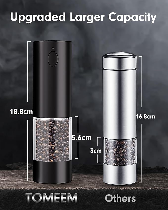 Upgraded Larger Capacity Electric Salt and Pepper Grinder Set Rechargeable with LED lights, Stainless Steel Automatic Pepper and Salt Grinder Refillable with 5 Adjustable Coarseness Black - White - Image 6