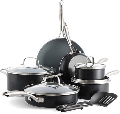 GreenPan 12 Piece Nonstick Swift Cookware Set, Ceramic PFAS-Free Pots & Pans with Lids, Dishwasher & Oven/Broiler Safe to 600F, Kitchen Cooking Set, Sauce, Saute, Stock, Frying Pans, Gray by GreenPan