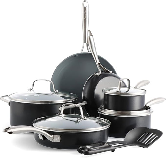 GreenPan 12 Piece Nonstick Swift Cookware Set, Ceramic PFAS-Free Pots & Pans with Lids, Dishwasher & Oven/Broiler Safe to 600F, Kitchen Cooking Set, Sauce, Saute, Stock, Frying Pans, Gray by GreenPan