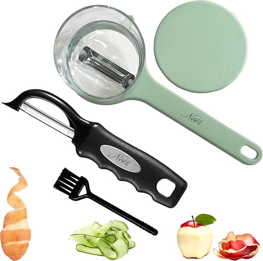 3-Pack Swivel Vegetable Peeler + Fruit Peeler with Container & Cleaning Brush, Ultra Sharp Stainless Steel Blades, Ergonomic Soft Grip Handle, Multi-Function Tool for Potato, Carrot, Apple, Cucumber