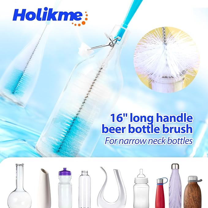 Holikme Bottle Brush Tube Cleaning Lab Set with Long Handle, Cup Cleaner for Washing Narrow Neck Beer Wine Decanter Pipes Lids Sinks Cap Covers, White - Image 3