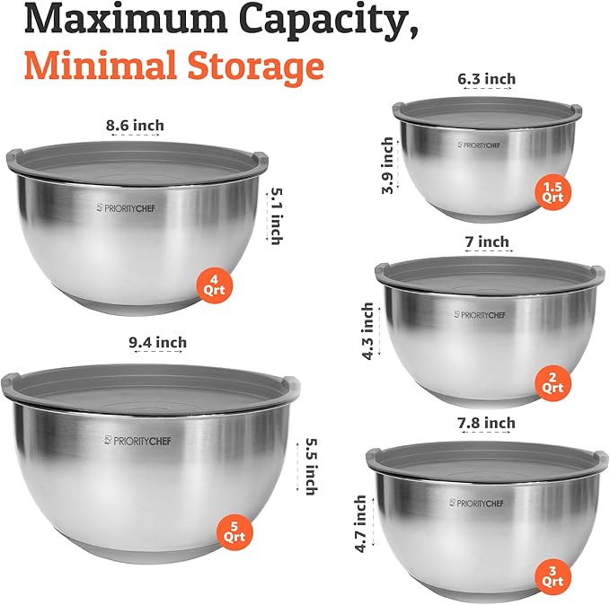 Priority Chef Premium Mixing Bowls With Airtight Lids Set, Thicker Stainless Steel Mixing Bowl Set, Large Prep Metal Bowls with Lids, Nesting Bowls for Kitchen, 1.5/2/3/4/5 Qrt, Grey - Image 3