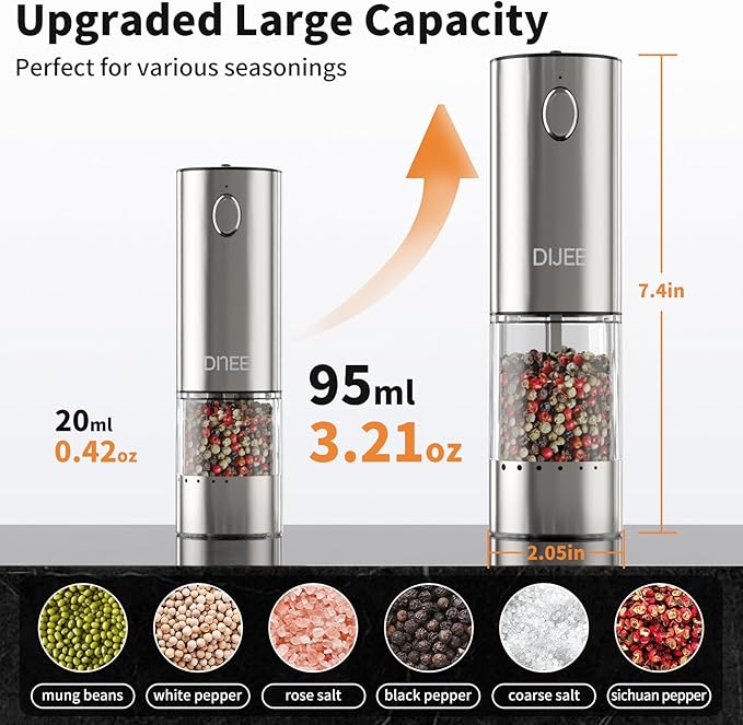 Electric Salt and Pepper Grinder Set,USB Rechargeable Pepper Mill with 6 Coarseness Settings, Automatic One-Touch Operation, Large Capacity Stainless Steel Spice Mills for Kitchen (2 Pack, Silver)