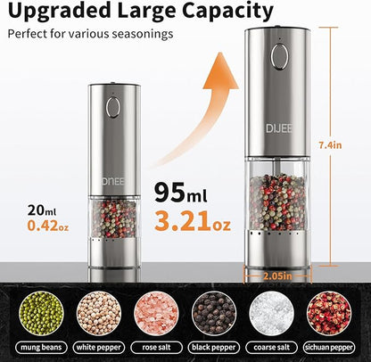 Electric Salt and Pepper Grinder Set,USB Rechargeable Pepper Mill with 6 Coarseness Settings, Automatic One-Touch Operation, Large Capacity Stainless Steel Spice Mills for Kitchen (2 Pack, Silver)
