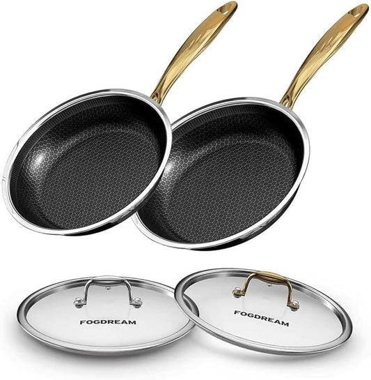 FogDream 10" 11" Stainless Steel Frying Pan with Lid, Honeycomb Hybrid Nonstick Skillet for Induction & All Cooktops, PFAS/PFOA/PTFE Free, Oven Safe to 500°F, Stay-Cool Handle, Dishwasher Safe, Gold by FogDream