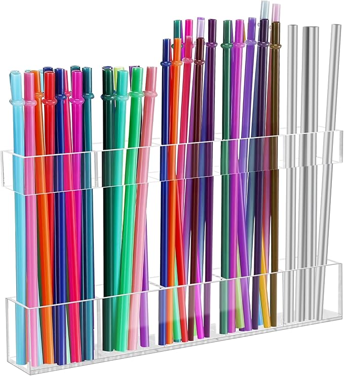 Malldii 9.5" Large Acrylic Straw Holder for Cabinet Door - Reusable Tumbler Straw Organizer Storage, Small Kitchen Accessories Container, Ultra Sticky Cupboard Door Mounted (Transparent) by Malldii