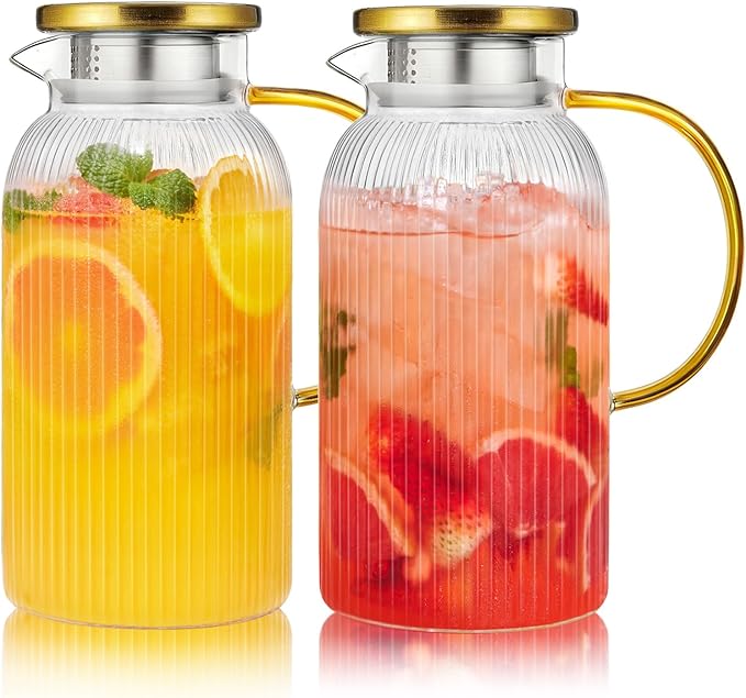 2 PACK Glass Pitcher with Lid 64 oz, Classic Vertical Stripes Pitcher with Lid and Handle, Water Jug for Hot/Cold Drinks, Borosilicate Glass Carafe for Coffee, Iced Sun Tea, Juice, Sangria by Potdoctor