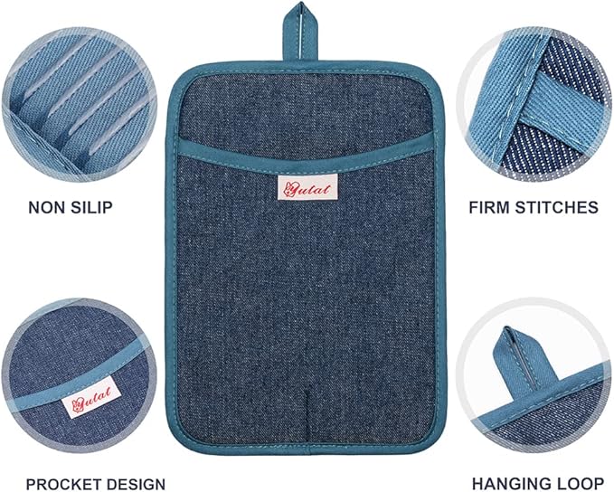 Yutat Oven Mitts, Pot Holders Set of 4 Made with Pure Cotton and Food Grade Non-Slip Silicone - 500 F Heat Resistant Oven Mitts and Pot Holders Sets for Kitchen Cooking (4pcs Set, Pc Blue and Denim) - Image 5