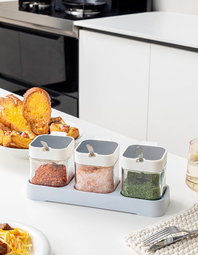 Mlici 8.6 oz Condiments Container Seasoning Jars, Kitchen Spicy Jars with Lids and Spoons, Tea Coffee Sugar Canisters Glass Spice Box, Set of 3, Containers, White - Image 2
