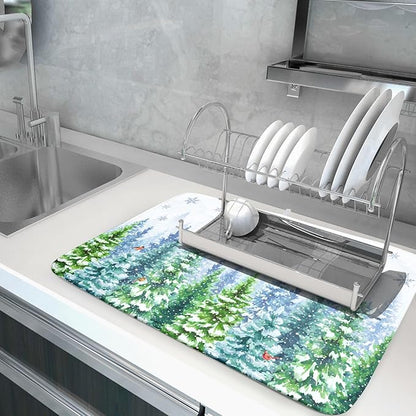 Winter Forest Dish Drying Mats - Snowflake Birds Dish Drainer Mat 18x24 Welcome Christmas Dish Draining Mat Watercolor Wildlife Tree Drying Pad for Kitchen Counter Sink - Image 5