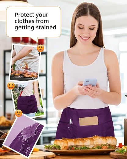 Argstar 2 Pack Server Apron with 4 Pockets, Waitress Waiter Waist WaterDrop Resistant Short Aprons